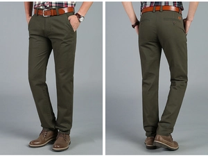 Detail view of military green straight-leg chinos with front and back fit showing fabric texture