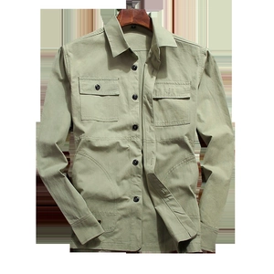 Men's cotton military style long sleeve shirt in bean green with cargo chest pockets