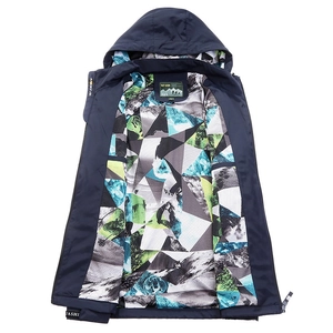 Men's navy blue hooded jacket with outdoor landscape printed lining and zipper detail