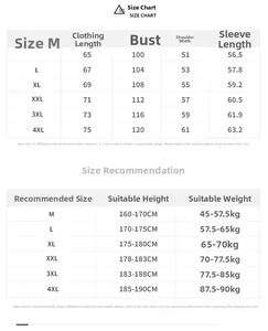 Detailed size chart for men's loose sweatshirt with height and weight recommendations
