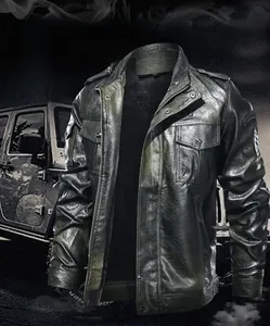 Detail of vintage-washed deep green PU leather jacket showing lapel and cargo pockets