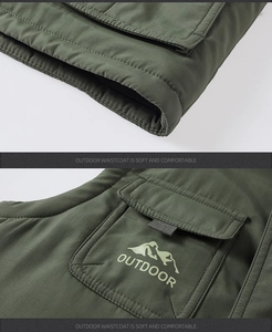 Detail of army green outdoor waistcoat with thick stitching and functional flap pocket