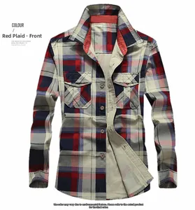 Detail of red and navy plaid cotton shirt with double chest pockets and button down front