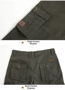 Détail du pantalon cargo olive avec poche latérale à rabat et étiquette Freedom en cuir