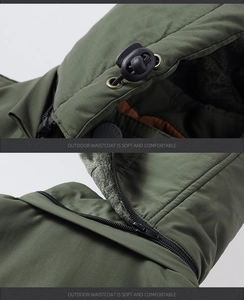 Macro view of adjustable drawstring toggle and warm fleece lining on a hooded vest