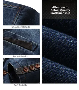 Dettaglio macro del blazer in denim blu con finiture in pelle e cuciture trapuntate