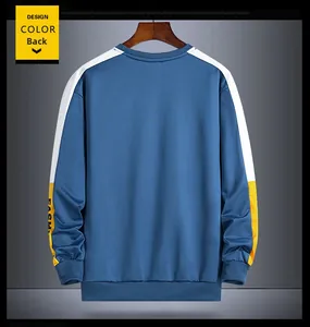 Back view of a men's color-block sweatshirt with blue, white, and yellow panels and print