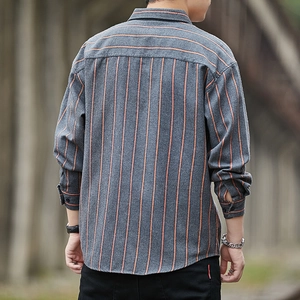 Men's dark grey long-sleeve striped shirt with orange vertical lines and classic collar