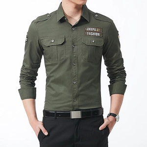 Men Military Style Cotton Long Sleeve Shirt Casual Slim Fit Solid Color Outdoor Workwear Shirt With Pockets Epaulets