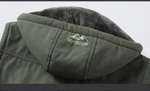 Detail of army green outdoor vest hood with warm grey fleece lining and outdoor logo