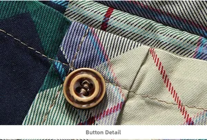 Macro shot of durable four-hole button and premium stitching on plaid cotton shirt