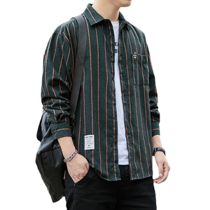 Men's casual long sleeve striped shirt in dark green and orange with front pocket