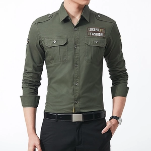 Army green slim fit military style cargo shirt for men with dual pockets and epaulettes