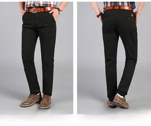Front and back view of men's black casual straight-leg trousers with twill texture