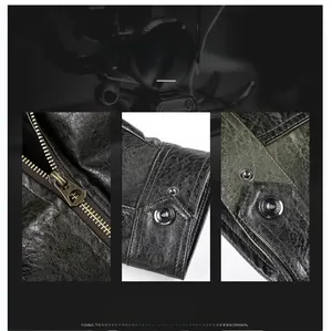 Detail of premium sheepskin leather jacket showing metallic zippers and stitching