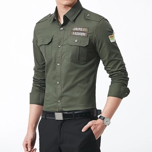 Men's military style long sleeve cotton work shirt in army green with chest pockets