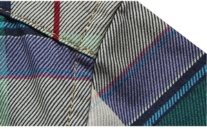 Detailed macro view of multicolor plaid cotton fabric with high-quality yellow stitching