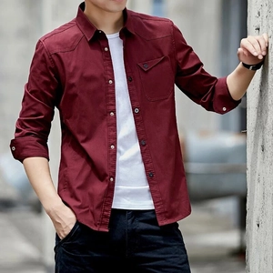 Slim fit men's burgundy long sleeve cotton shirt with a chest pocket and white buttons