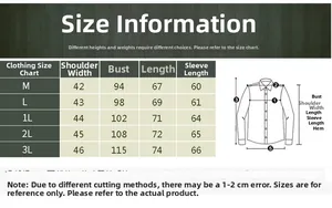 Detailed size chart for men's slim fit cotton shirt showing measurements from M to 3L