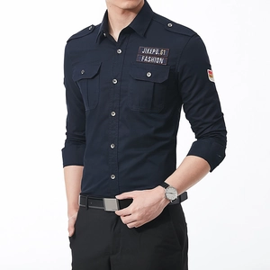 Men's navy blue military style long sleeve cotton shirt with epaulets and chest pockets