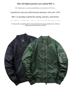 Detail view of MA-1 flight jackets in navy and army green with orange lining and rib-knit cuffs