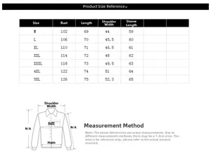 Size chart for men's PU leather jacket showing measurements from M to 5XL with diagrams