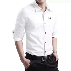 Men's white slim fit long sleeve business shirt with buttoned pocket and dark buttons