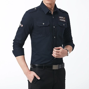 Men's slim fit military cotton long sleeve shirt with tactical pockets in navy blue
