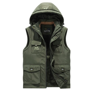 Men Winter Fleece Lined Hooded Padded Vest Casual Outdoor Windproof Multi Pocket Cotton Waistcoat Sleeveless Jacket