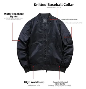 Detail view of heavy-duty number 10 metal zipper on black MA-1 flight bomber jacket