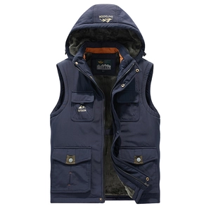 Men's winter fleece lined hooded outdoor vest in navy blue with warm thermal lining