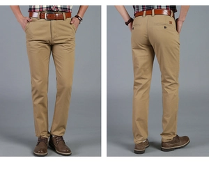Detailed view of khaki business chinos featuring side pockets and a slim fit cut