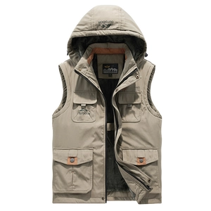 Men's winter fleece-lined hooded outdoor vest in khaki with windproof fabric