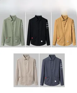 Detail view of cotton cargo shirts in green, black, yellow, khaki, and grey-blue colors