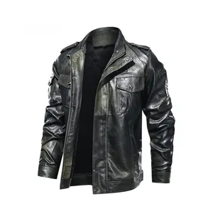 Detail of vintage black PU leather jacket showing stand collar and shoulder epaulettes