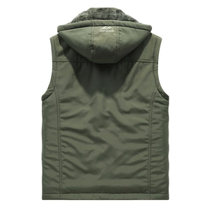 Army green hooded winter vest with fleece lining and outdoor mountain print on the back