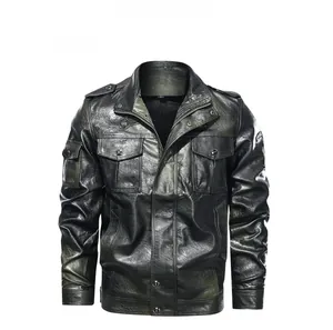 Front view of men's vintage washed PU leather jacket with cargo pockets and epaulets