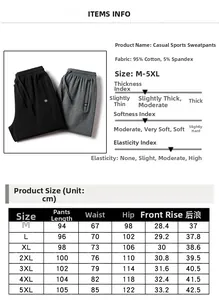 Detailed size chart for men's cotton knit sweatpants including length and waist measurements