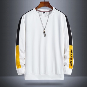 Men's loose white crew neck sweatshirt with black and yellow patchwork sleeves and print