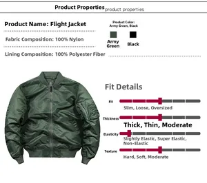 Detailed size chart and fabric specs for the MA-1 flight jacket showing nylon materials