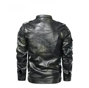 Detail view of the back of a black washed PU leather biker jacket with shoulder epaulets