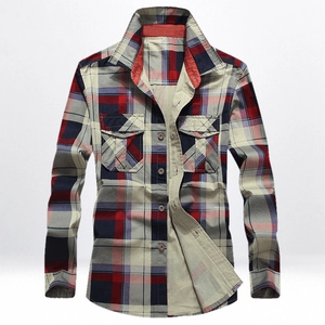 Men's Casual 100% Cotton Plaid Shirt Long Sleeve Turn-down Collar Button Down Workwear Top With Double Pockets Non-Iron Retro Checked Shirt
