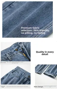 Vue détaillée du jean bleu montrant la fermeture éclair, le bouton et la texture du tissu