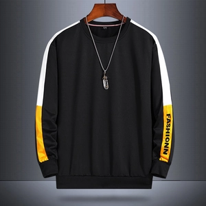 Men's black crewneck sweatshirt with yellow and white patchwork sleeves and fashion print