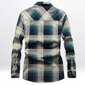 Classic men's long-sleeve plaid shirt in dark green and navy cotton seen from the back