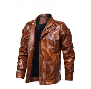 Detailed front view of brown vintage PU leather jacket with stand collar and flap pockets