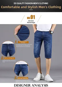 Detail showing 3D cut and 70D stretch denim fabric of men's slim fit blue jean shorts