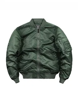 Detail of army green MA-1 bomber jacket featuring ribbed stand collar and metal zipper