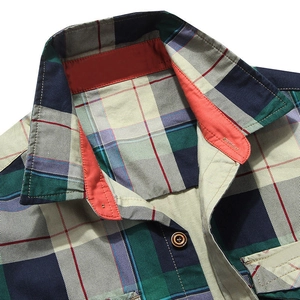 Plaid men's long sleeve cotton shirt featuring a contrasting collar trim and green check pattern