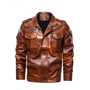 Detailed front view of brown washed PU leather jacket with stand collar and four large pockets